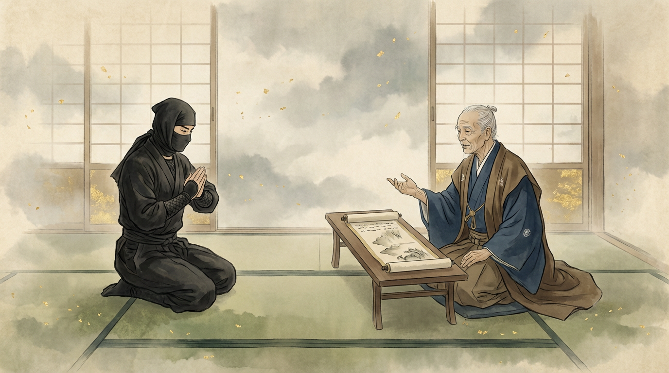 正忍記の対話術を表現した日本画風イラスト